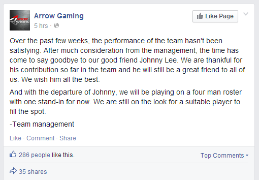 Dota 2: JoHnNy rời Arrow gaming 