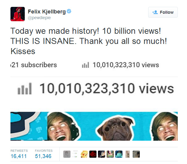 PewDiePie trở thành kênh YouTube đầu tiên đạt 10 tỉ view