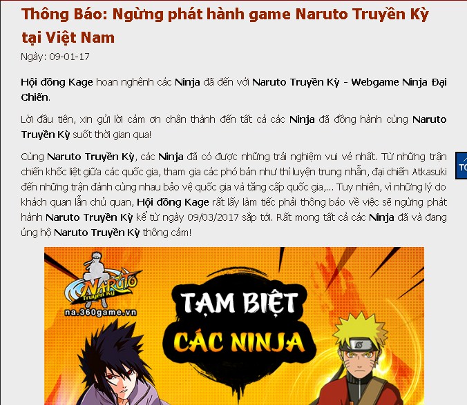 Naruto Truyền Kỳ thông báo đóng cửa