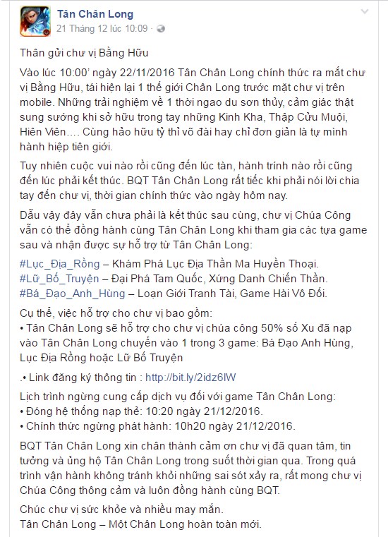 Tân Chân Long đóng cửa