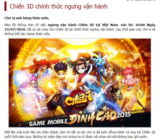 Game mobile Chiến 3D đóng cửa sau 11 tháng vận hành