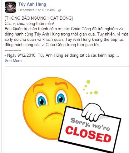 Túy Anh Hùng tuyên bố đóng cửa