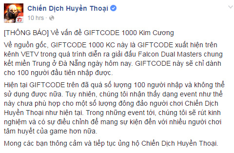 Cộng đồng Chiến Dịch Huyền Thoại dậy sóng vì giftcode 1000 kim cương