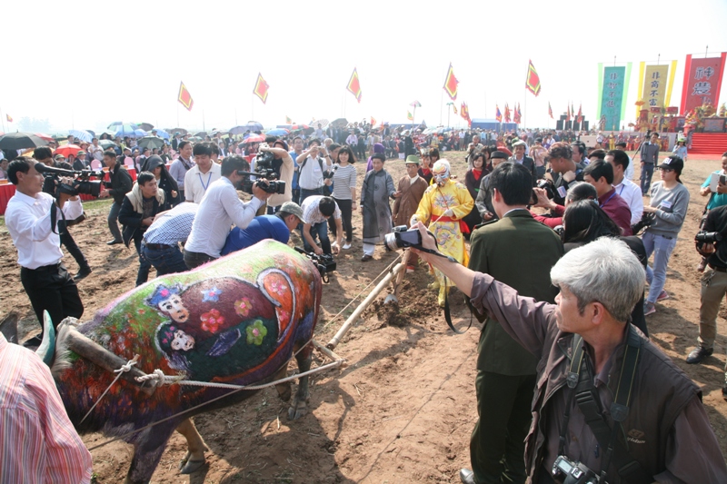 Tái hiện hình ảnh vua Lê Đại Hành xuống ruộng đi cày - Ảnh: Hoàng Long