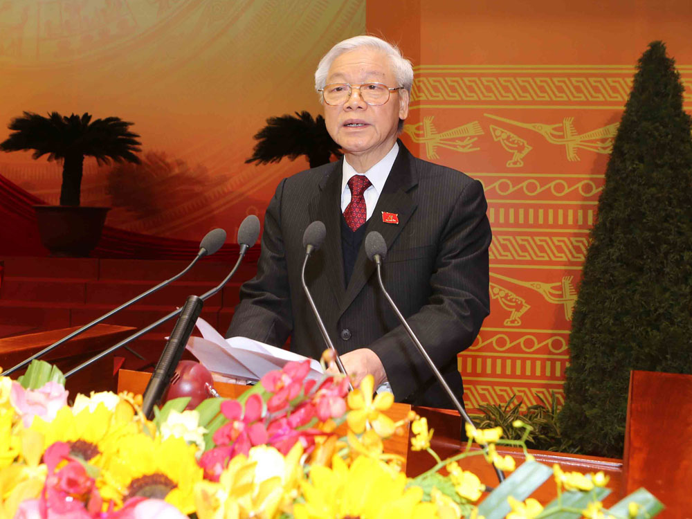 Tổng bí thư Nguyễn Phú Trọng đọc diễn văn bế mạc đại hội - Ảnh: TTXVN