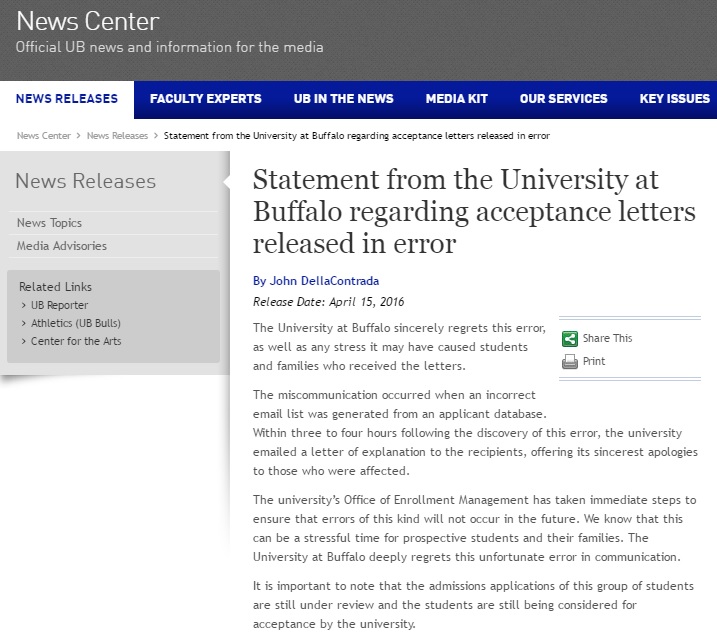 Thư xin lỗi đăng trên trang web của trường sau sự cố gởi nhầm email cho 5.000 học sinh - Ảnh chụp màn hình Trường ĐH Buffalo, New York
