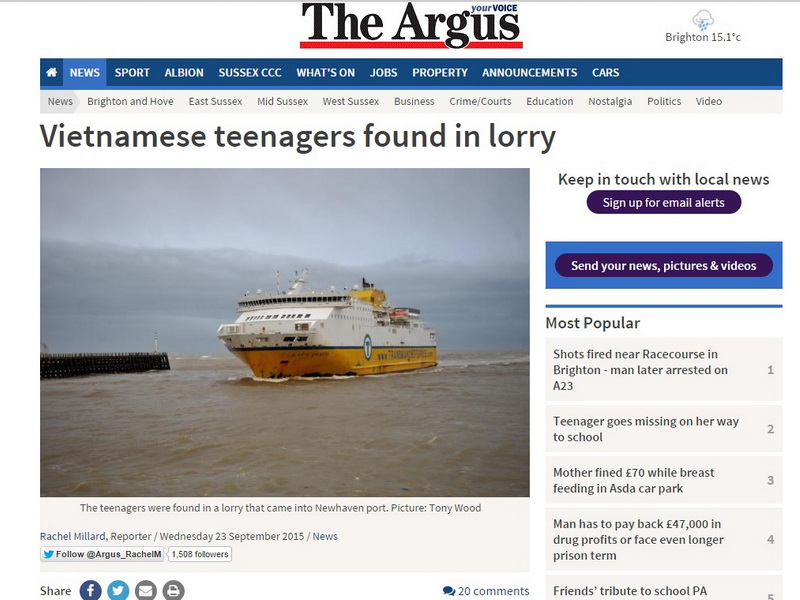 Bản tin về 9 thiếu niên Việt Nam nhập cư lậu vào Anh bằng phà của nhật báo The Argus