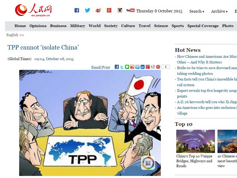 Bài xã luận khẳng định Trung Quốc không bị cô lập bởi TPP của Thời báo Hoàn Cầu