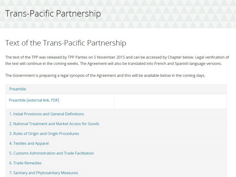 Nội dung sách TPP được đăng tải trên website Bộ Ngoại giao và Thương mại New Zealand 