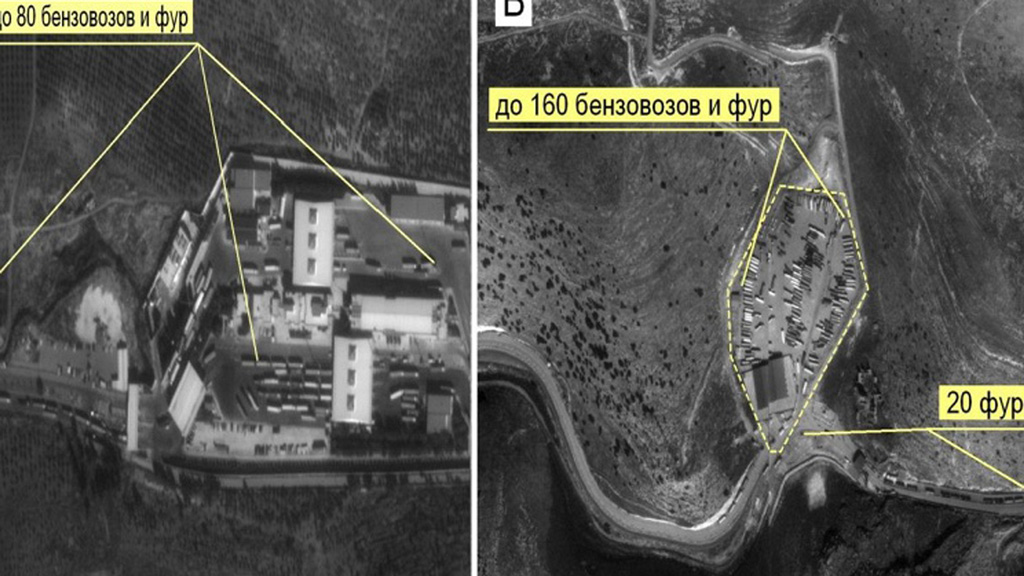 Hình ảnh vệ tinh Nga chụp cơ sở dầu mỏ cùng các xe bồn chở dầu của quân IS tại Syria được Mỹ xác nhận là thật - Ảnh: Bộ Quốc phòng Nga