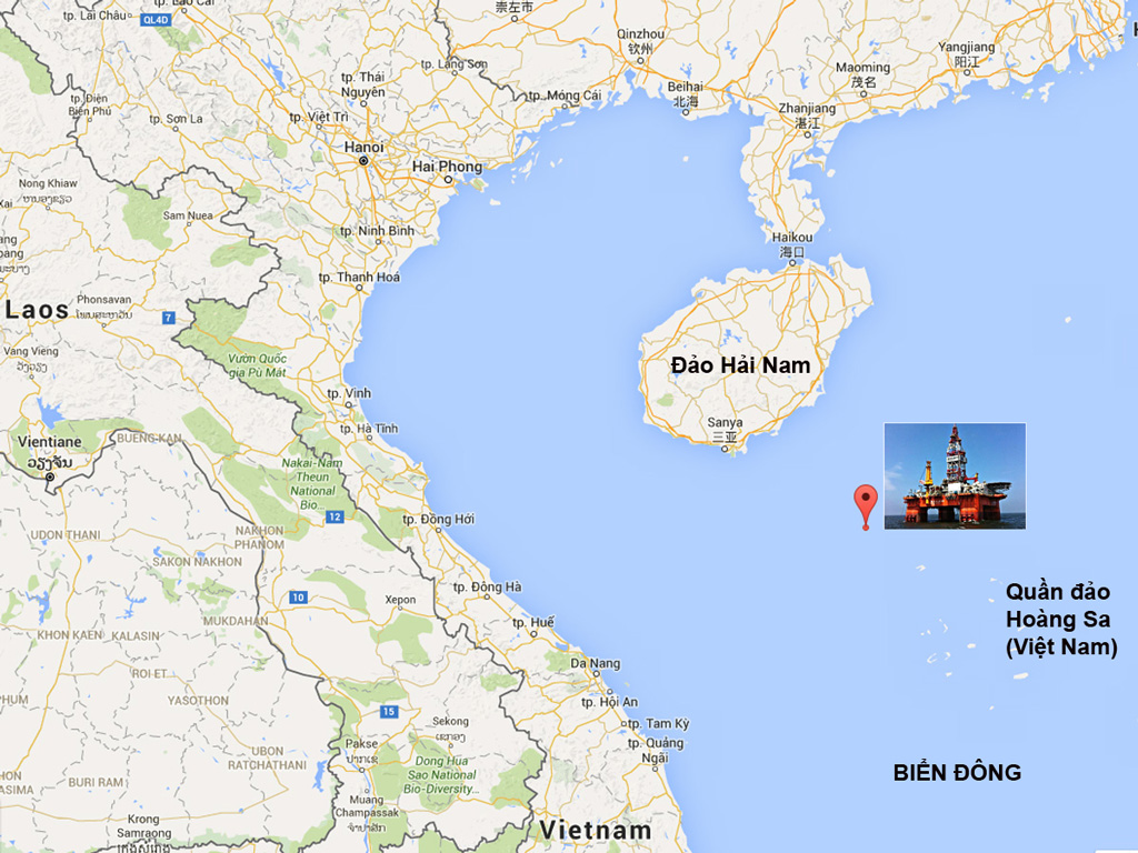 Vị trí hạ đặt của giàn khoan Hải Dương-981 tại phía tây bắc quần đảo Hoàng Sa, theo Google Maps ngày 29.12.2015