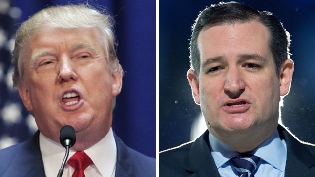 Tỉ phú Donald Trump (trái) dọa sẽ kiện ra tòa đối thủ Ted Cruz (phải) vì sinh ra ở Canada chứ không phải trên đất Mỹ - Ảnh: AFP