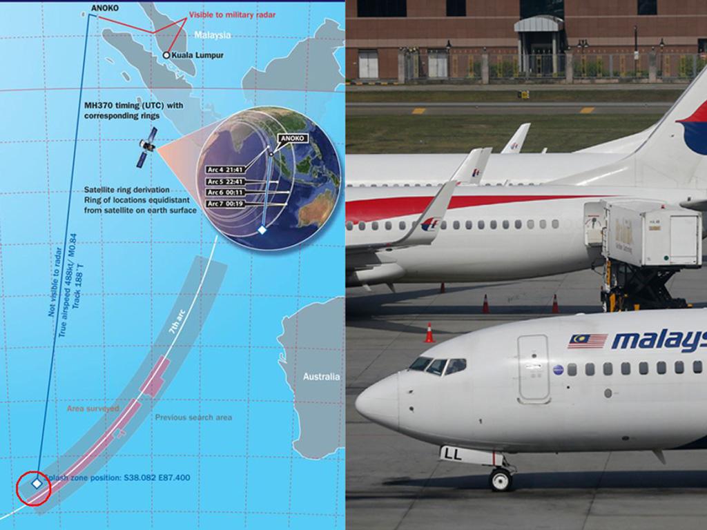 Trái: Vị trí khoanh đỏ là nơi tìm kiếm mới MH370 từ ngày 23.11.2015, cũng nằm trong vùng tìm kiếm hiện tại. Bên phải: Máy bay của hãng hàng không Malaysia Airlines - Ảnh: Reuters
