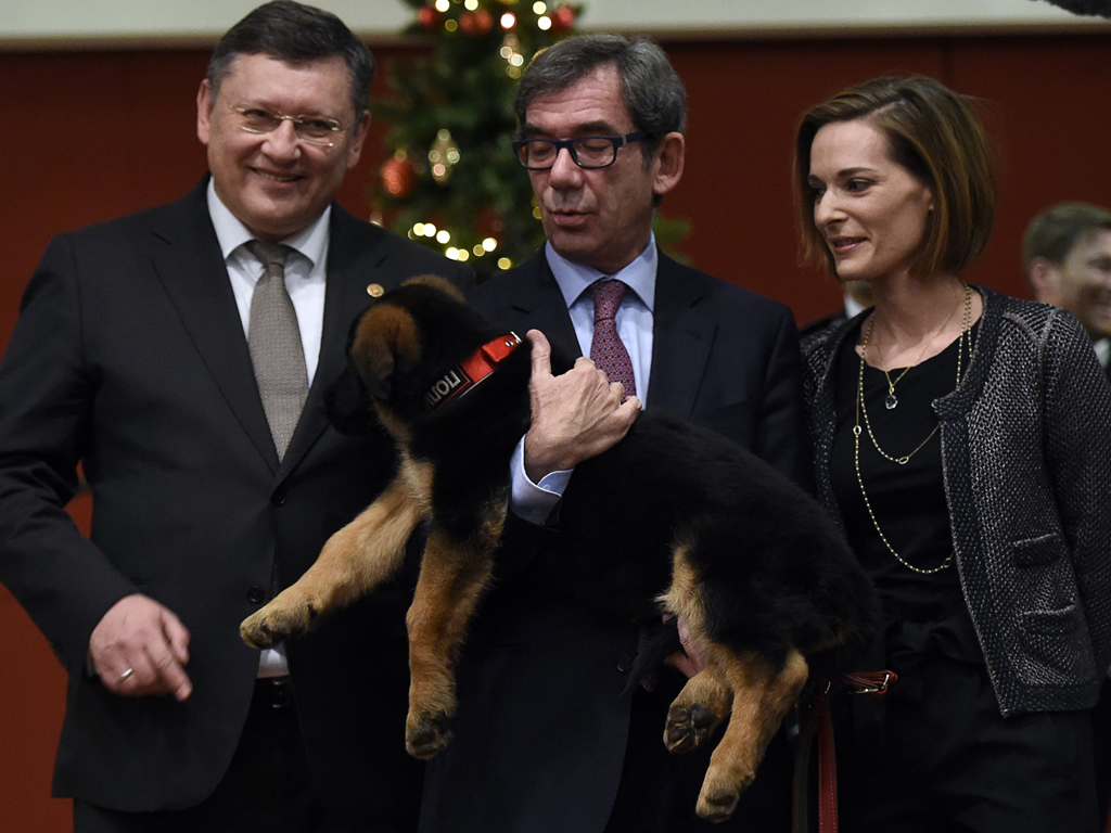 Đại sứ Pháp tại Nga, Jean-Maurice Ripert ôm con chó vừa được nước Nga tặng - Ảnh: AFP