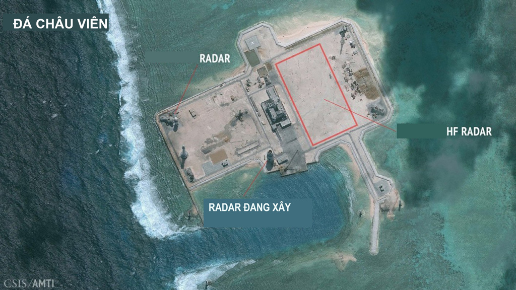 Hình ảnh về hệ thống radar mà Trung Quốc có thể đang xây dựng trên Đá Châu Viên. Ảnh vệ tinh chụp ngày 24.1.2016 - Ảnh: CSIS/Digital Globe