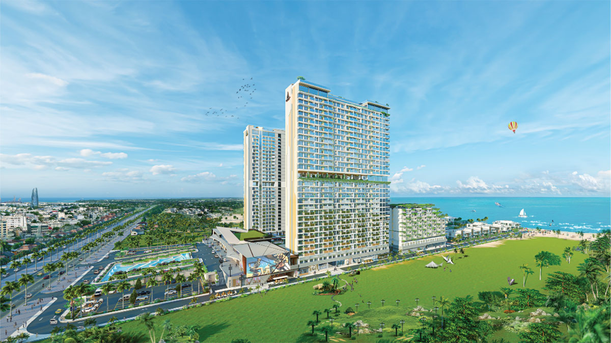 Aria Đà Nẵng có quy mô 63.214m² gồm 2 tòa tháp căn hộ cao 30 tầng; 2 tòa khách sạn cao 9 tầng và 28 căn biệt thự biển