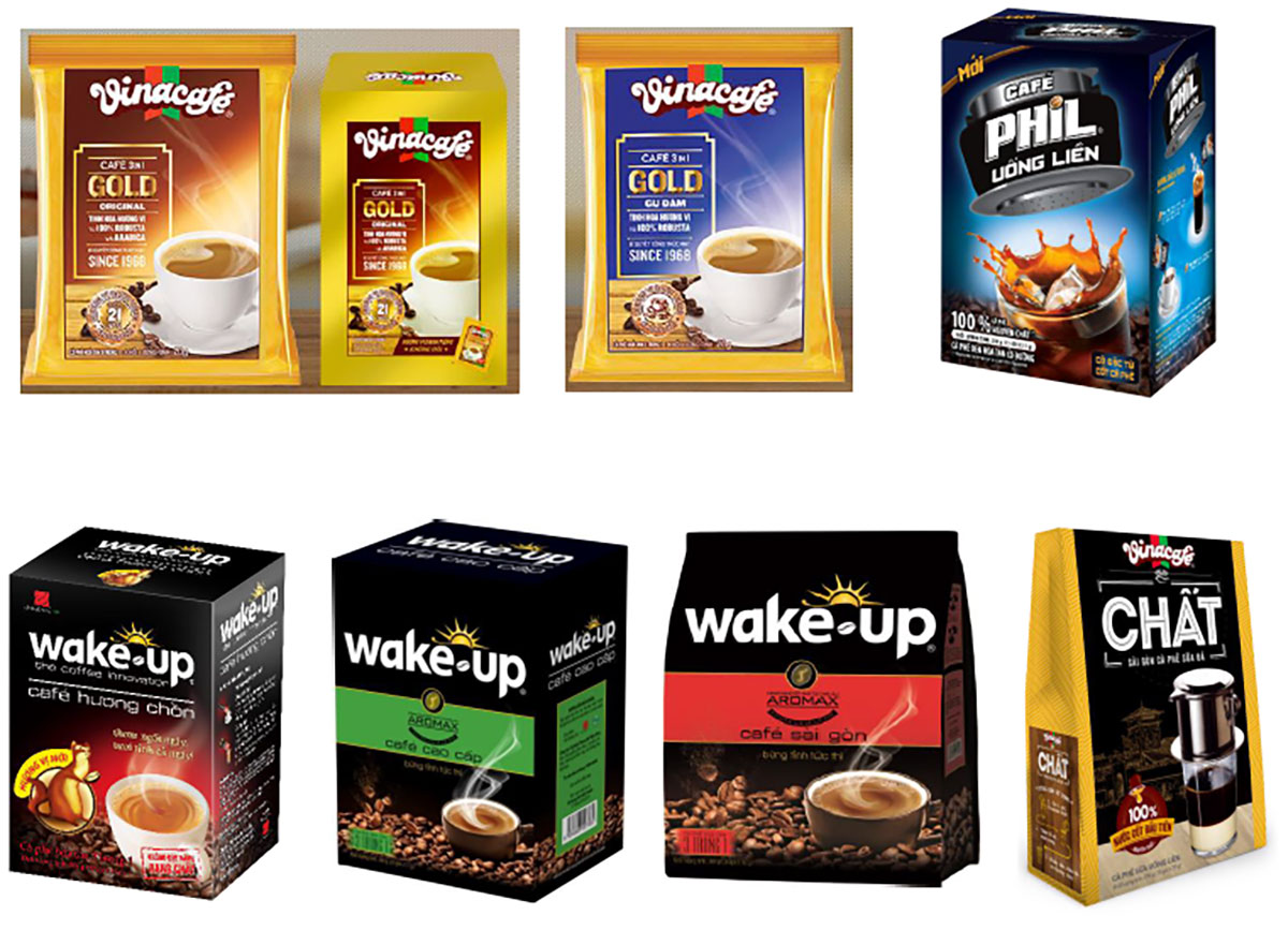 Cà phê rang xay mang thương hiệu Vinacafe và Wake-up
