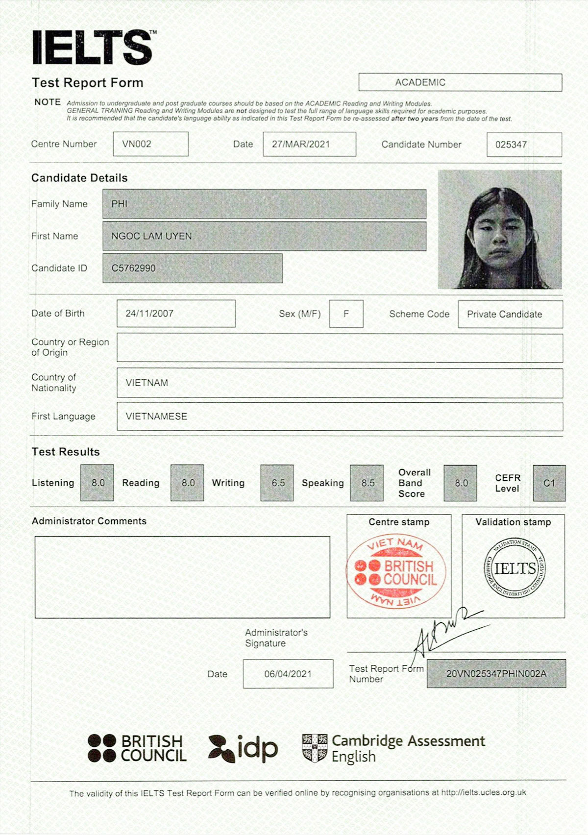 Bảng thành tích đạt điểm IELTS 8.0 của thí sinh Phí Ngọc Lâm Uyên