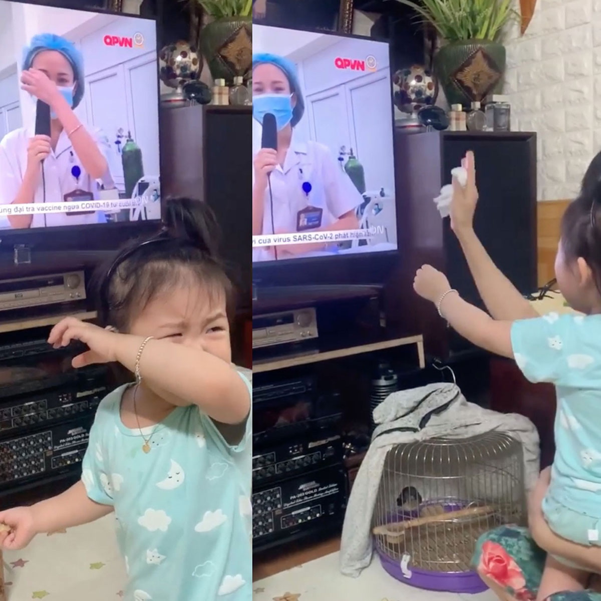 Cư dân mạng xúc động chia sẻ clip bé gái 20 tháng tuổi òa khóc đòi mẹ bế khi nhìn thấy mẹ chống dịch ở Bắc Giang trên tivi
