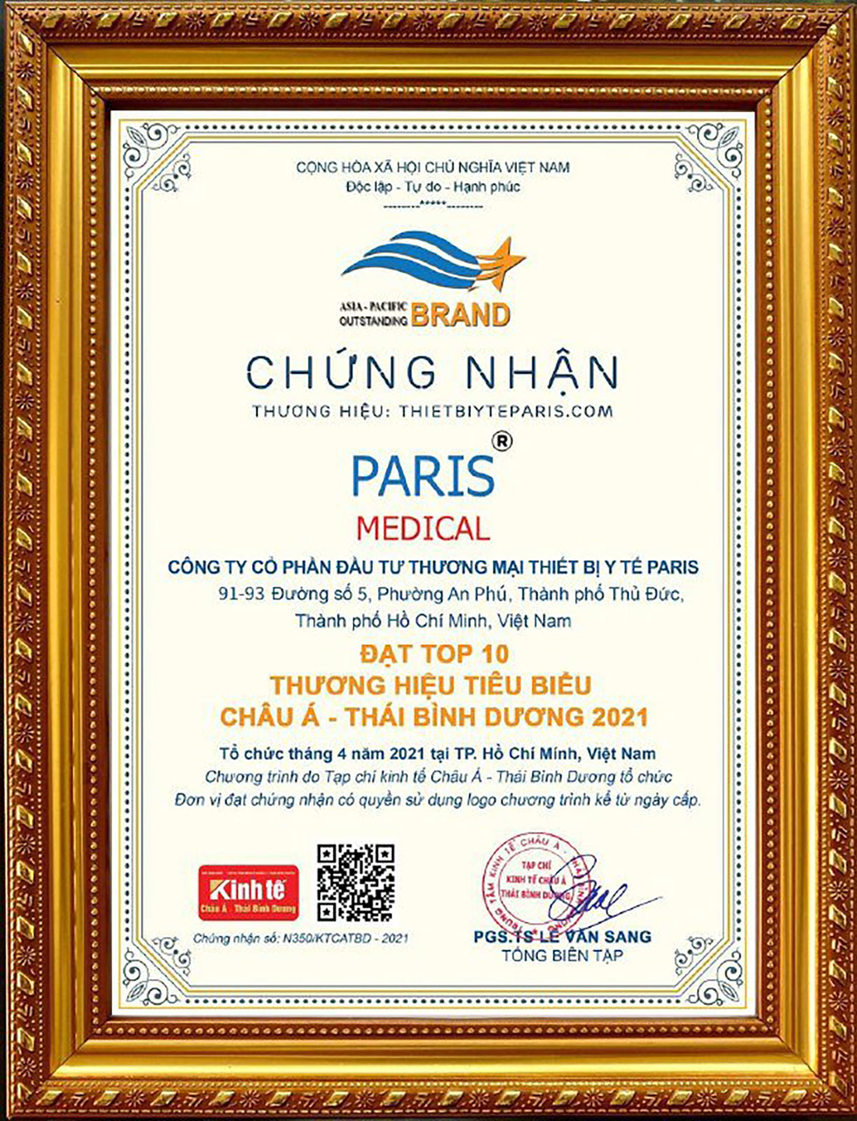 Công ty Paris Medical vinh dự đạt Top 10 châu Á Thái Bình Dương