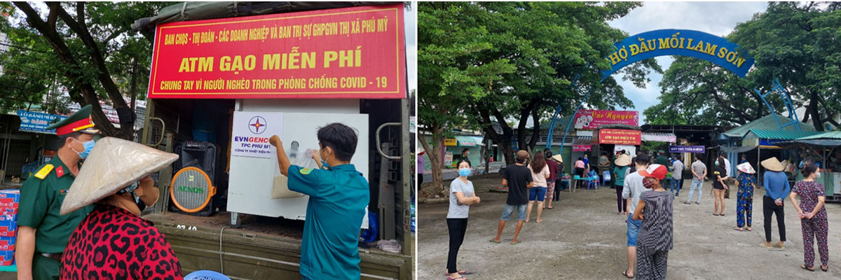 Người dân khu phong tỏa đến ATM nhận gạo do Công ty Nhiệt điện Phú Mỹ hỗ trợ