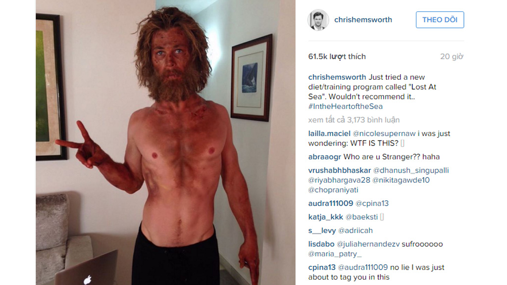 Chris Hemsworth khiến người hâm mộ hoảng hốt với thân hình gầy trơ xương - Ảnh: Chụp màn hình Instagram