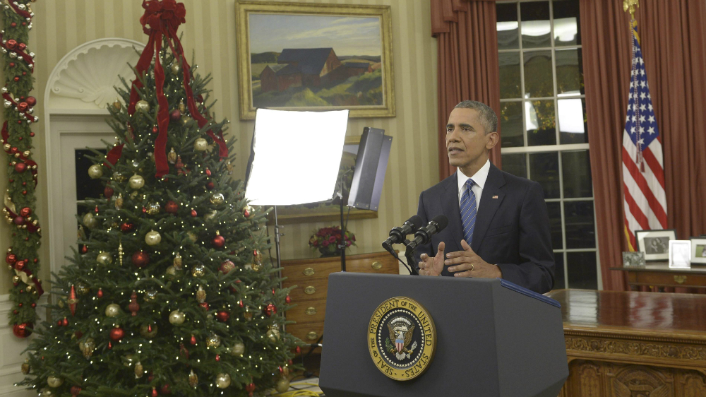 Tổng thống Obama trong bài phát biểu từ Phòng Bầu dục ngày 7.12 - Ảnh: Reuters