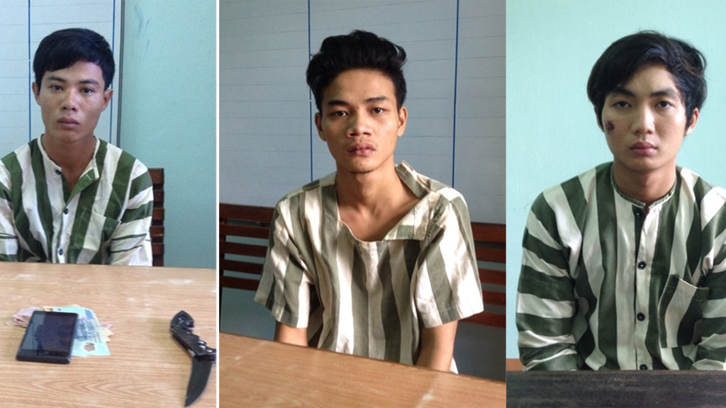 Các nghi phạm tại cơ quan công an (từ trái qua): Nguyễn Văn Tính, Huỳnh Quốc Đạt và Khổng Nhuần - Ảnh: Trị Bình 