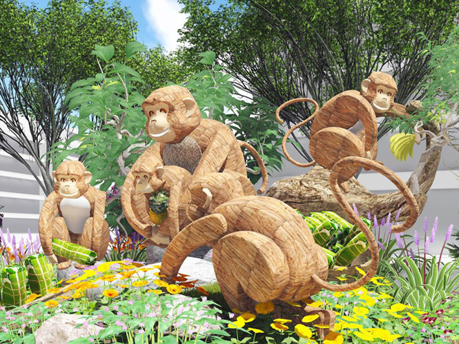 Hình ảnh gia đình khỉ tại đường hoa Nguyễn Huệ Tết Bính Thân 2016 - Ảnh: Saigontourist cung cấp
