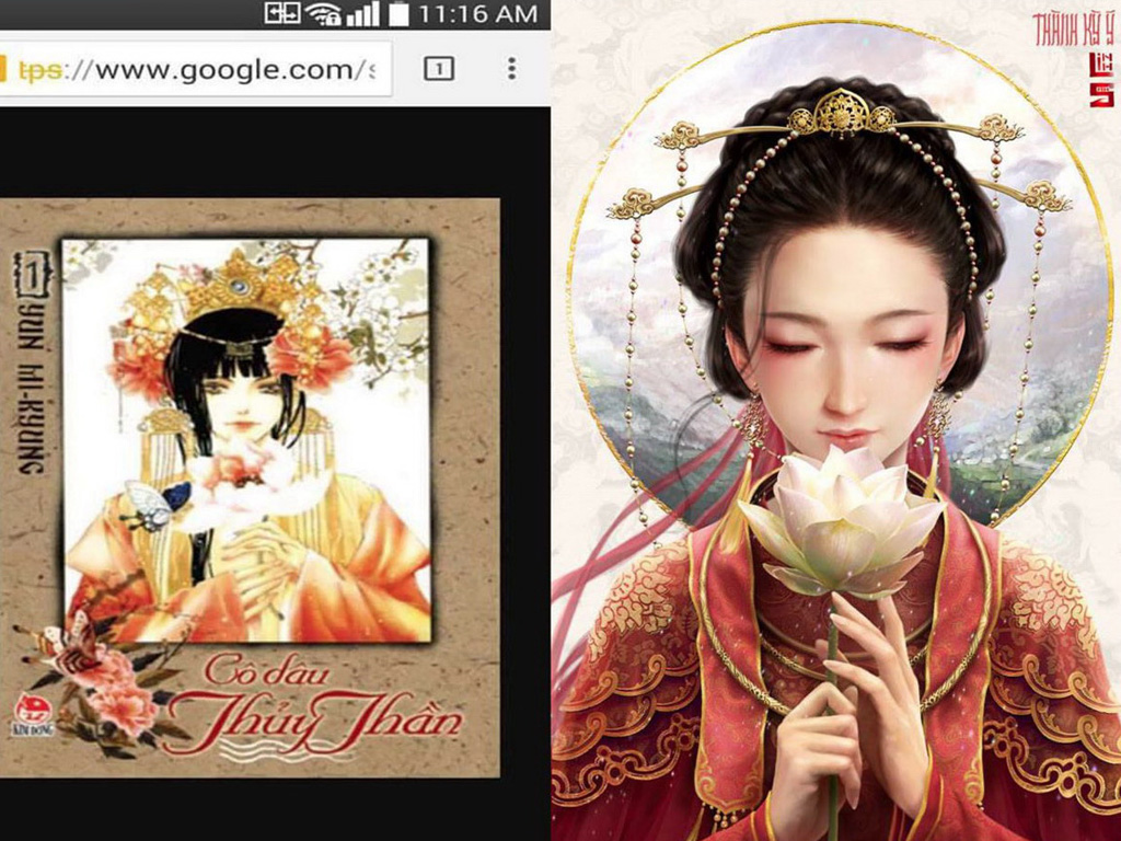 Tranh vẽ nhân vật Ngọc Huyên (phải) bị nghi vấn đạo tranh của Hàn Quốc (trái) - Ảnh: chụp màn hình