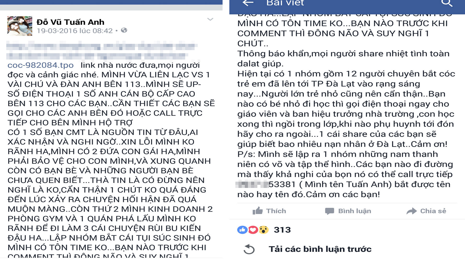 Facebook Đỗ Vũ Tuấn Anh tung tin bắt cóc trẻ em ở TP.Đà Lạt - Ảnh chụp màn hình