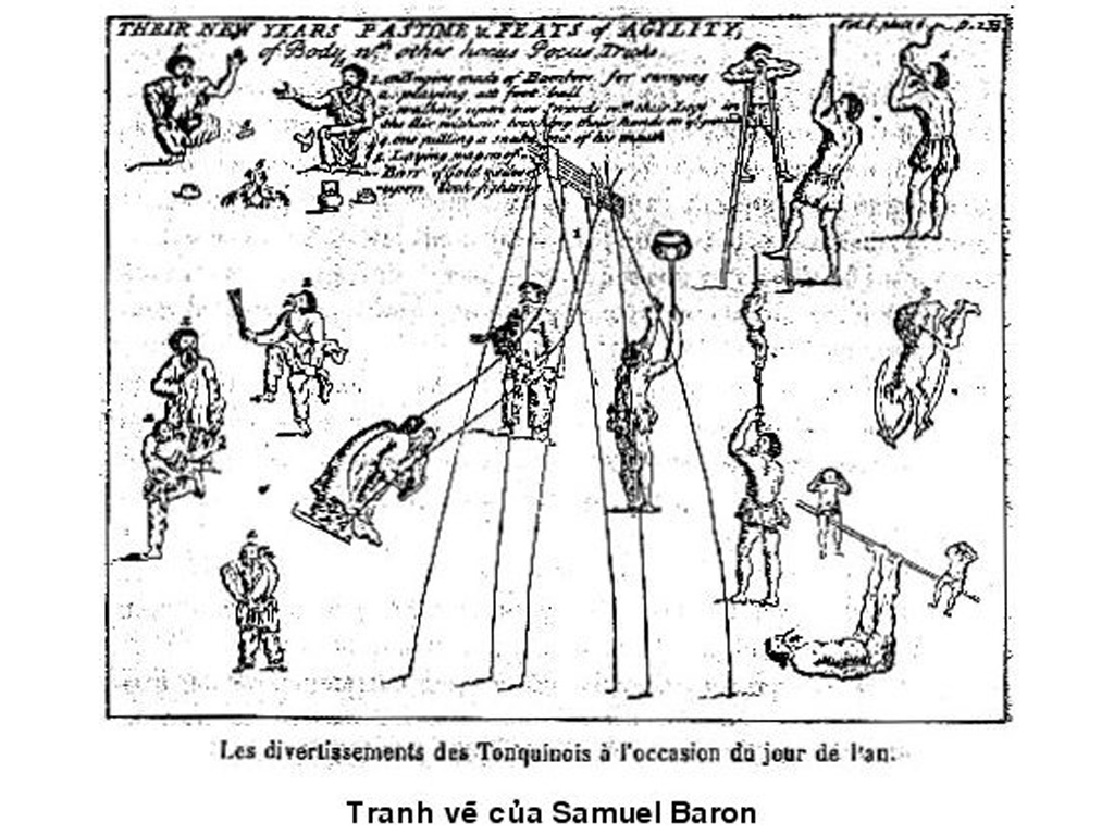 Tranh mô tả các hoạt động ngày tết ở Đàng Ngoài do Samuel Baron vẽ - Ảnh: T.L