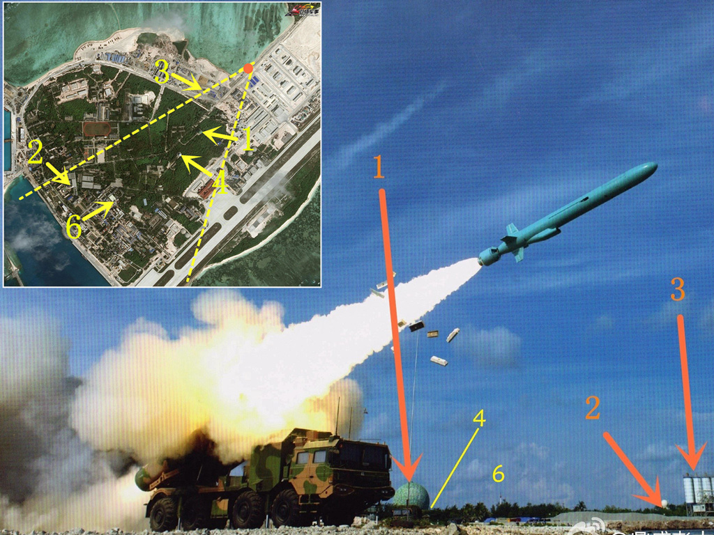 Hình ảnh Trung Quốc thử tên lửa đối hạm loại YJ-62 ở đảo Phú Lâm mới đây, và các điểm so sánh vị trí này trên đảo - Ảnh: chinadefenseobservation ngày 24.3.2016