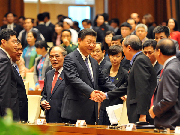 Tổng bí thư, Chủ tịch Trung Quốc Tập Cận Bình đến phòng họp lớn Diên Hồng ở tòa nhà Quốc hội - Ảnh: Ngọc Thắng