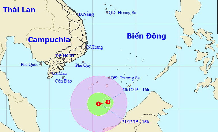 Hình ảnh dự đoán đường đi của ATNĐ trên Biển Đông - Bản tin thời tiết của Trung tâm Dự báo khí tượng thủy văn T.Ư cập nhật lúc 16 giờ ngày 20.12