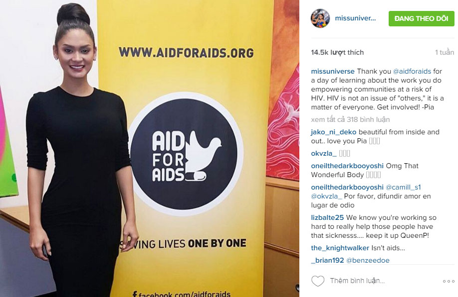 Hoa hậu Hoàn vũ Pia Wurtzbach tích cực tham gia các chiến dịch truyền thông của các tổ chức từ thiện - Ảnh: Chụp màn hình Instagram Miss Universe