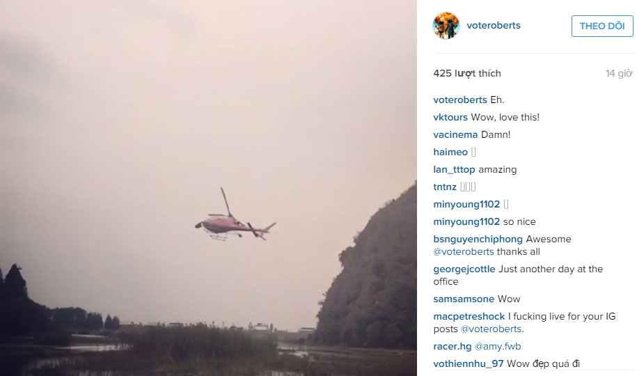 Hình ảnh trực thăng bay giữa núi rừng Ninh Bình vô cùng hoành tráng - Ảnh chụp màn hình Instagram Jordan Vogt-Roberts