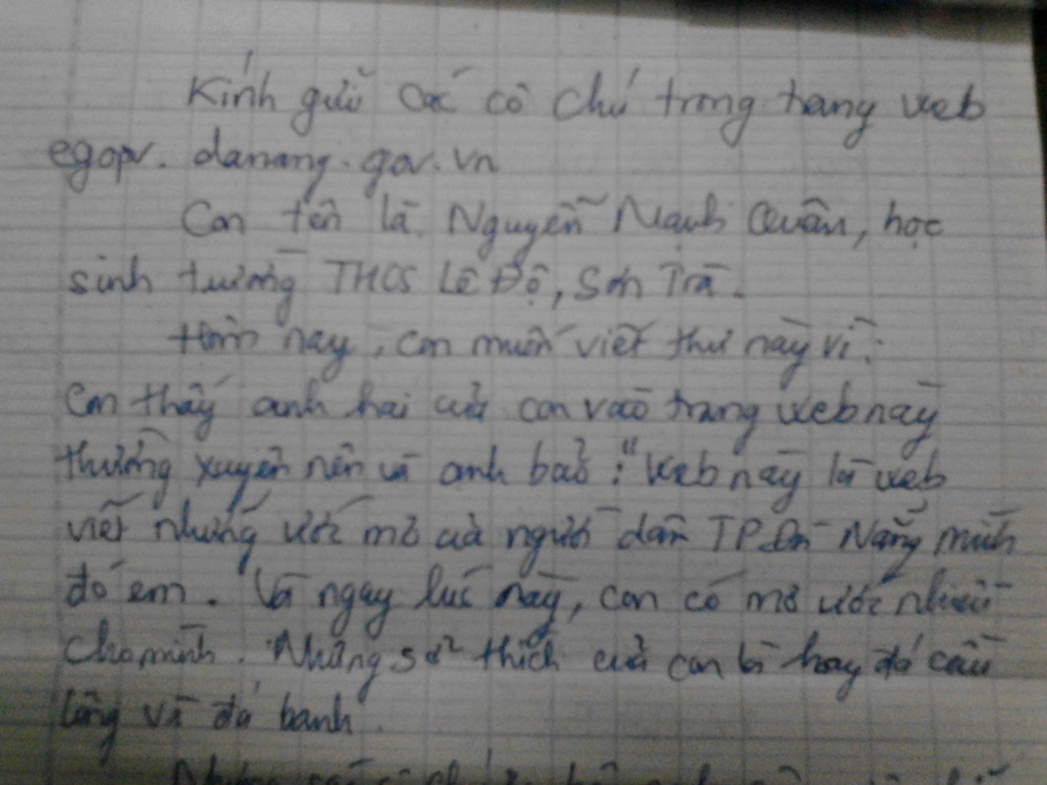 Bức thư em Nguyễn Mạnh Quân viết gửi thành phố - Ảnh: Nguyễn Tú