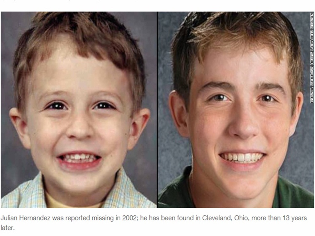 Julian Hernandez lúc nhỏ (trái) mất tích 13 năm nay đã được tìm thấy an toàn ở Cleveland hôm 1.11 - Ảnh chụp màn hình CNN