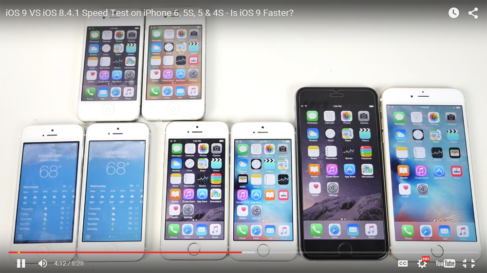 Tốc độ chạy thực tế của iOS 9 và iOS 8.4.1 là điều nhiều người dùng quan tâm - Ảnh chụp YouTube