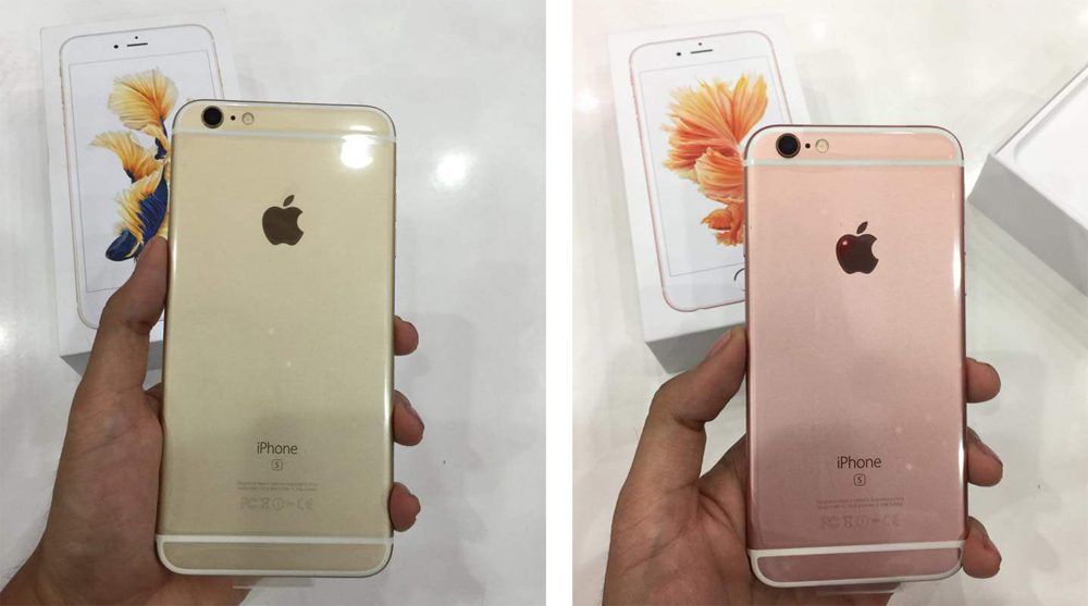Chiếc iPhone 6S Plus màu vàng (trái) và chiếc iPhone 6S màu hồng vừa xuất hiện sớm tại TP.HCM - Ảnh: Lạc Huy
