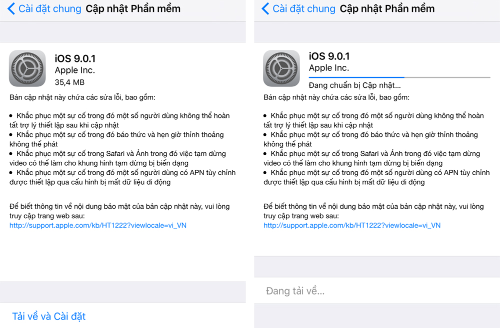 iOS 9.0.1 đã chính thức được tung ra - Ảnh chụp màn hình