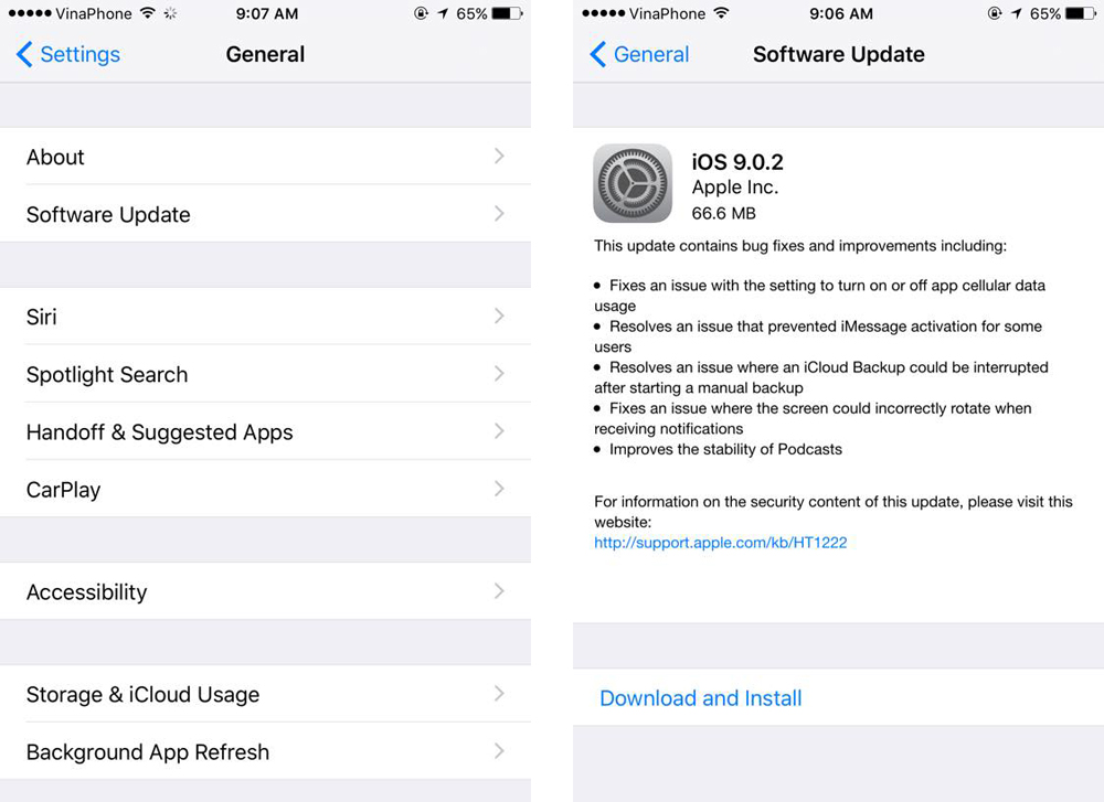 iOS 9.0.2 vừa được Apple tung ra - Ảnh chụp màn hình