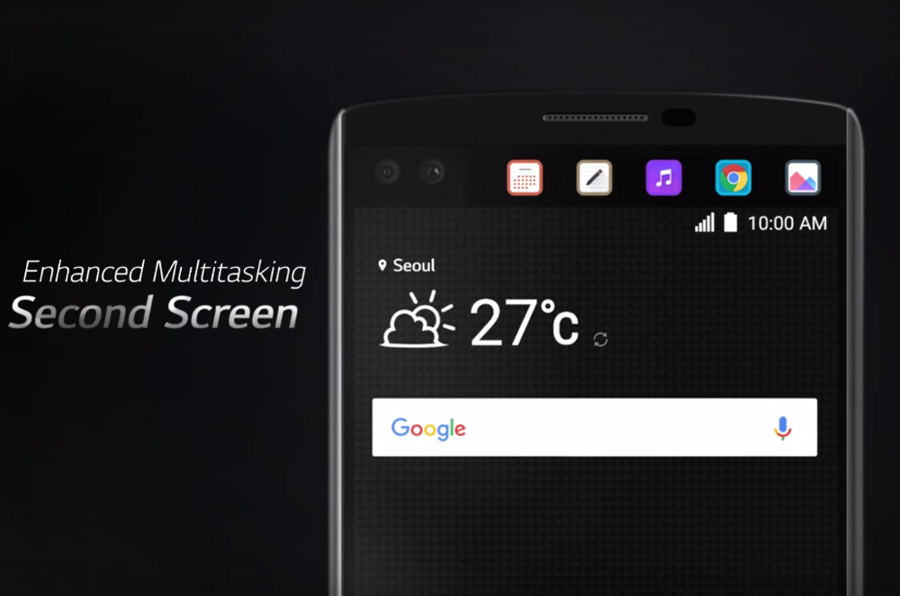 LG V10 được trang bị màn hình cảm ứng thứ hai phụ ở bên trên - Ảnh: LG