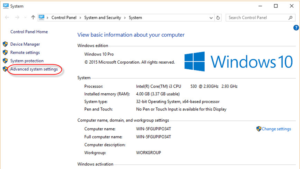 Cách truy cập Advanced system settings từ cửa sổ System của Windows 10