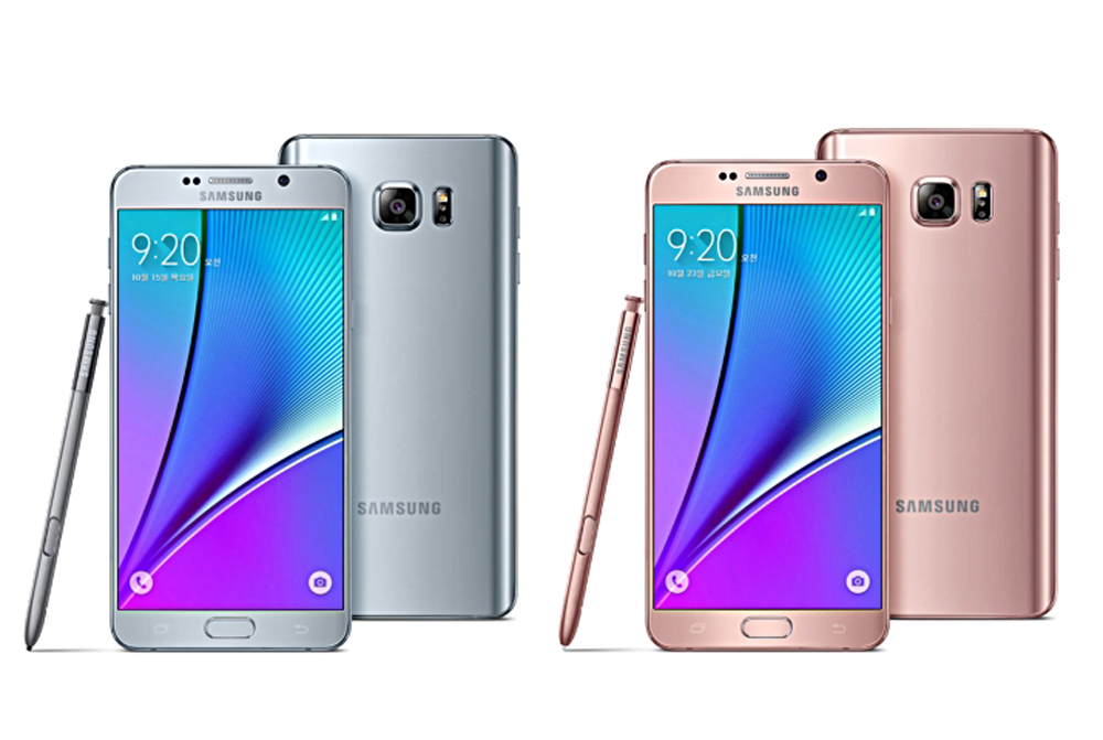 Galaxy Note 5 với hai màu sắc bạc titanium (trái) và hồng - Ảnh: Samsung