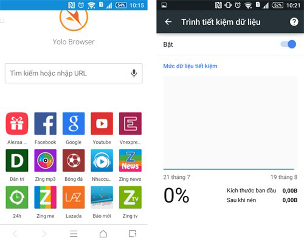 Giao diện làm việc chính của trình duyệt Yolo (trái) và tính năng tiết kiệm khi lướt web bằng mạng 3G khi chạy trên Android - Ảnh chụp màn hình