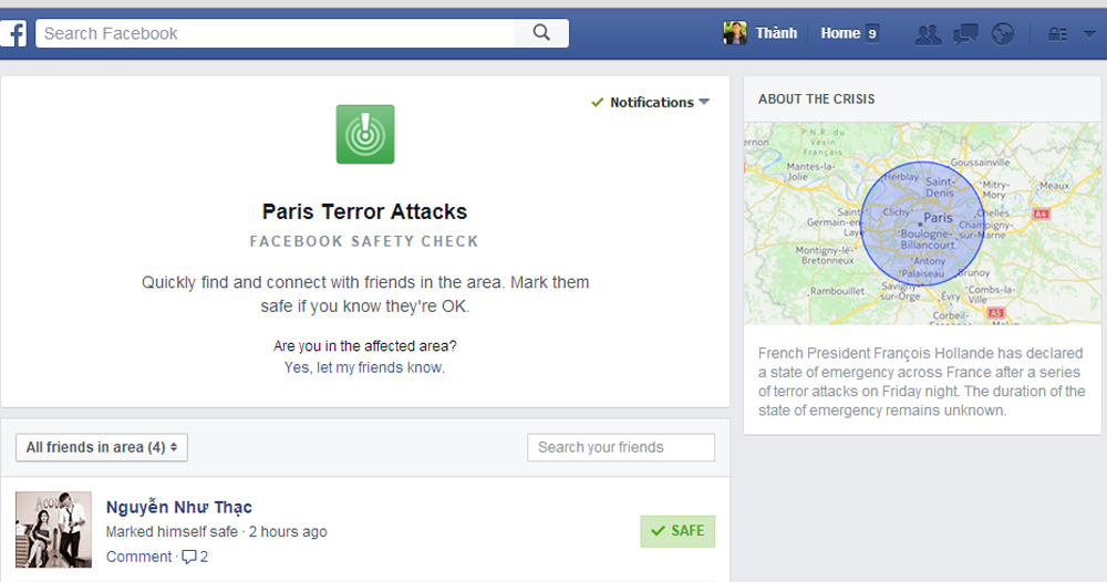 Tính năng tìm và thông báo bạn bè có an toàn hay không sau vụ khủng bố tại Pháp của Facebook - Ảnh chụp màn hình