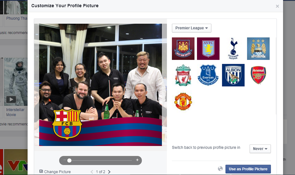 Hình ảnh đại diện trên Facebook có thể lồng ghép thêm biểu tượng đội bóng - Ảnh chụp màn hình