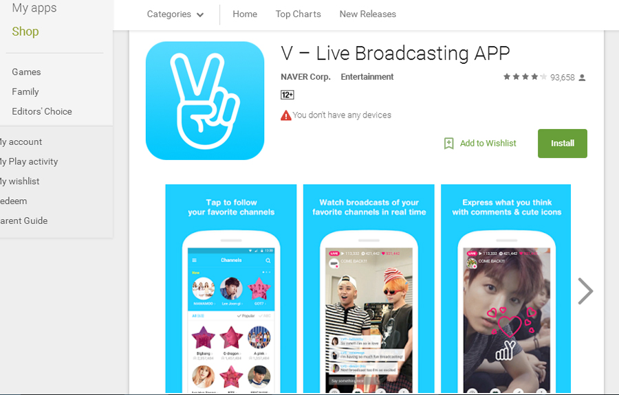 Giao diện của ứng dụng V Live chạy trên Android - Ảnh chụp màn hình